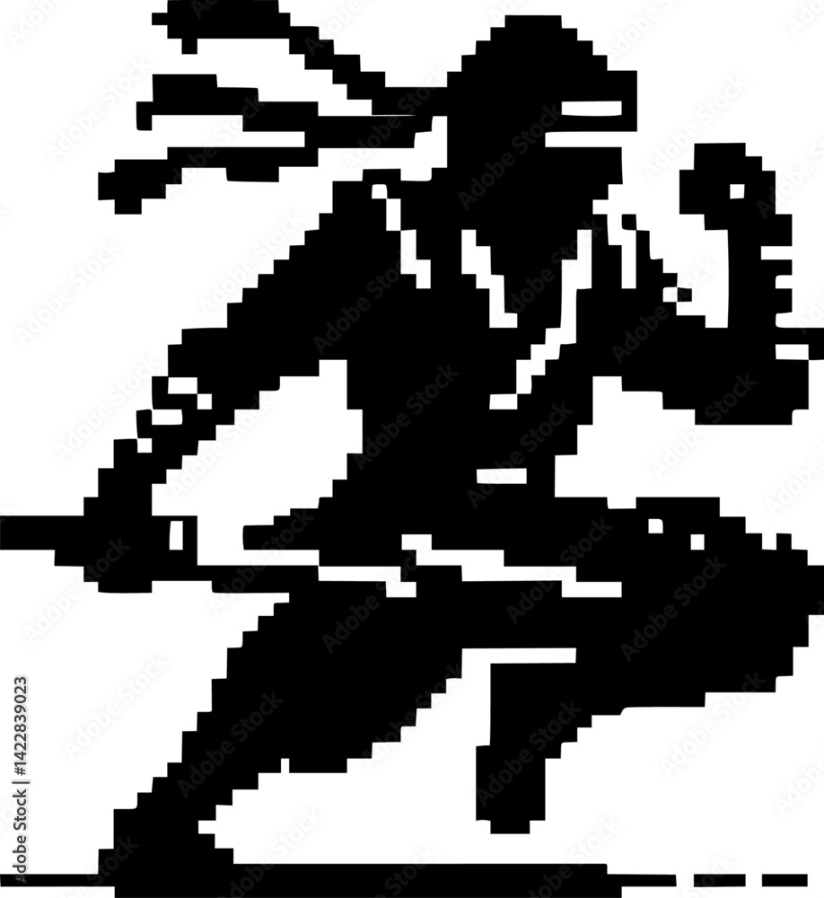 Fototapeta premium Pixel art silhouette of a generic ninja in action pose, 8-bit style, black on white background 