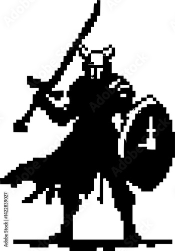 Pixel art silhouette of a medieval knight holding a sword, old-school RPG character design 
