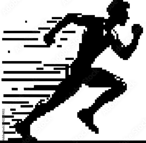 Pixel art silhouette of a running athlete, retro sports game style black on white background vector 