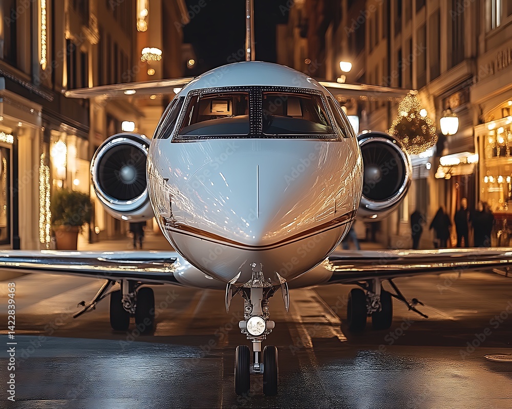 Fototapeta premium Private Jet on City Street at Night