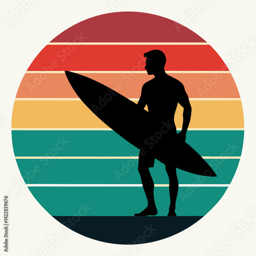 Surfer Silhouette Against Colorful Retro Sunset