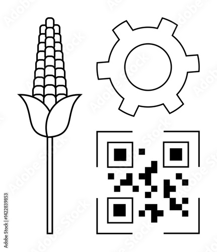 Corn plant next to gear and QR code connecting farming, engineering, and digital tools. Ideal for AgriTech, biotechnology, sustainability, innovation, farming tech, digital farming simple landing