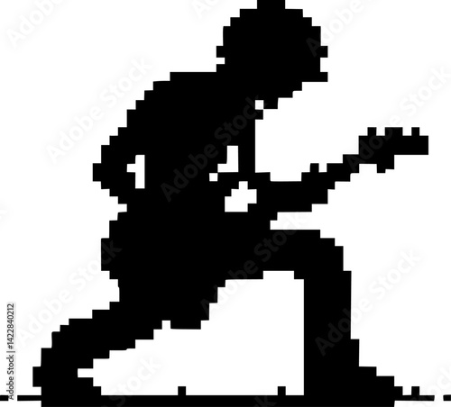 Pixel silhouette of a rock guitarist playing electric guitar, retro band theme black on white background
