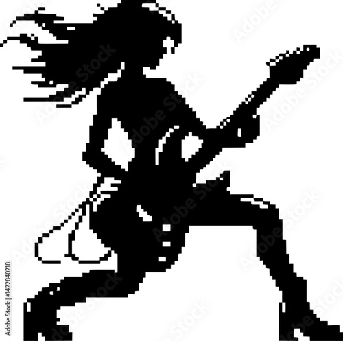 Pixel silhouette of a rock guitarist playing electric guitar, retro band theme black on white background