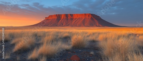 Sunset over a red mesa in a vast grassy plain.