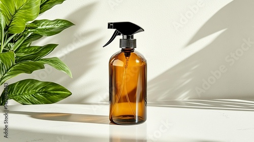Amber glass spray bottle product photography for cleaning or wellness