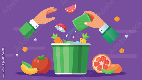 Hands throwing food leftovers in a green trash can with a salmon steak, pasta bows, tomato and lettuce on a plate, purple vector background