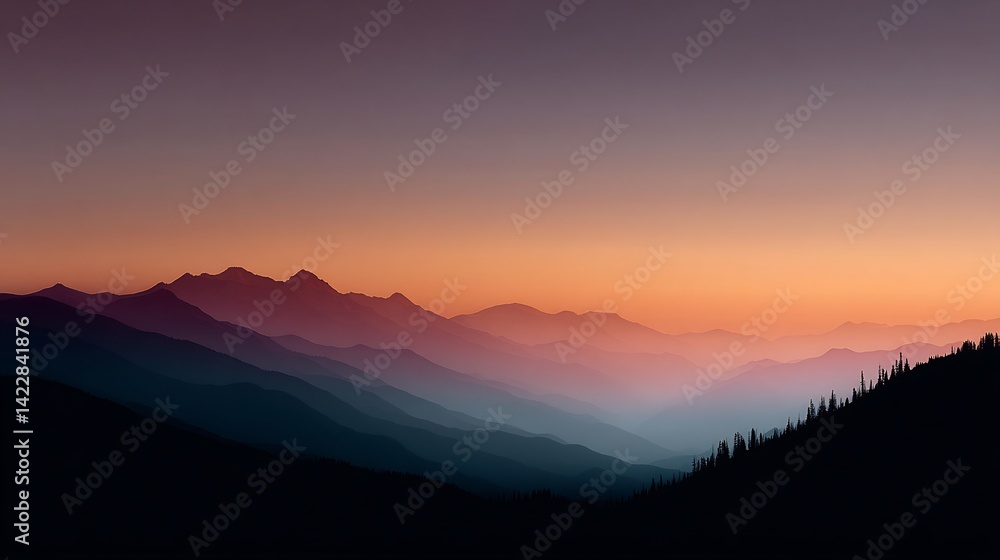Layered mountain ridges bathed in the warm hues of twilight's embrace Layered mountain ridges bathed in the warm hues of twilight's embrace