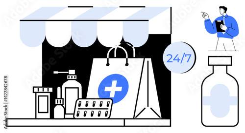 Medical products under a storefront awning, shopping bag with medical cross, 247 sign, pharmacist figure. Ideal for e-commerce, healthcare, medicine, convenience, digital solutions customer service