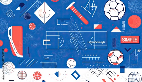 Abstract futsal court with balls & equipment.