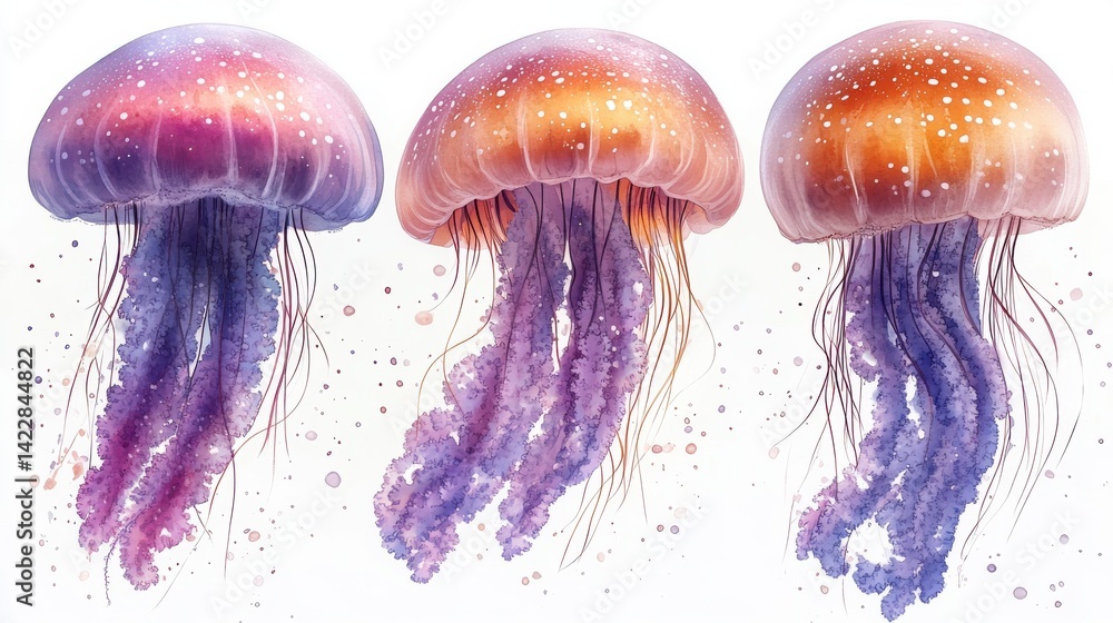 Fototapeta premium colorful jellyfishes clipart watercolor art illustration detailed illustration - image stock