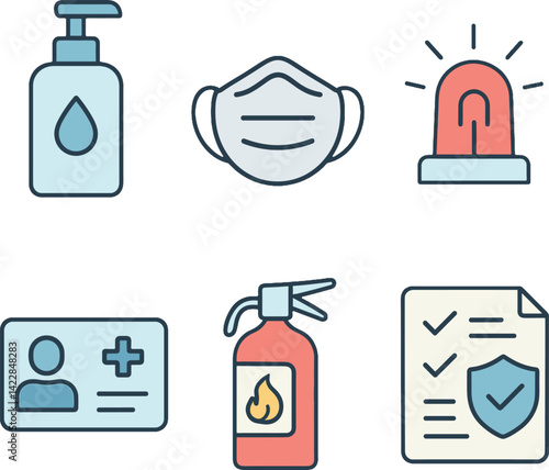 Personal Safety Icon Set – Flat Vector of Hand Sanitizer, Face Mask, Emergency Beacon, Contact Card, Fire Extinguisher, and Safety Checklist