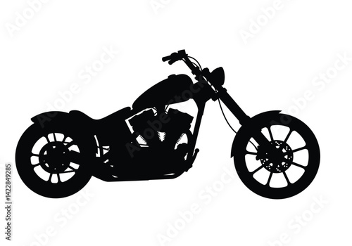 Chopper motorcycle silhouette. This image shows a black silhouette of a chopper motorcycle featuring handlebars, wheels, engine, and a sleek frame design. Vector clipart illustration design.