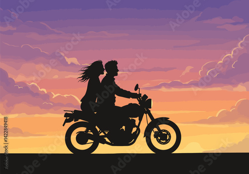 Couple on bike silhouette. This image shows a black silhouette of a couple riding a motorcycle, showcasing motion, freedom, and artistic representation. Vector clipart illustration design.