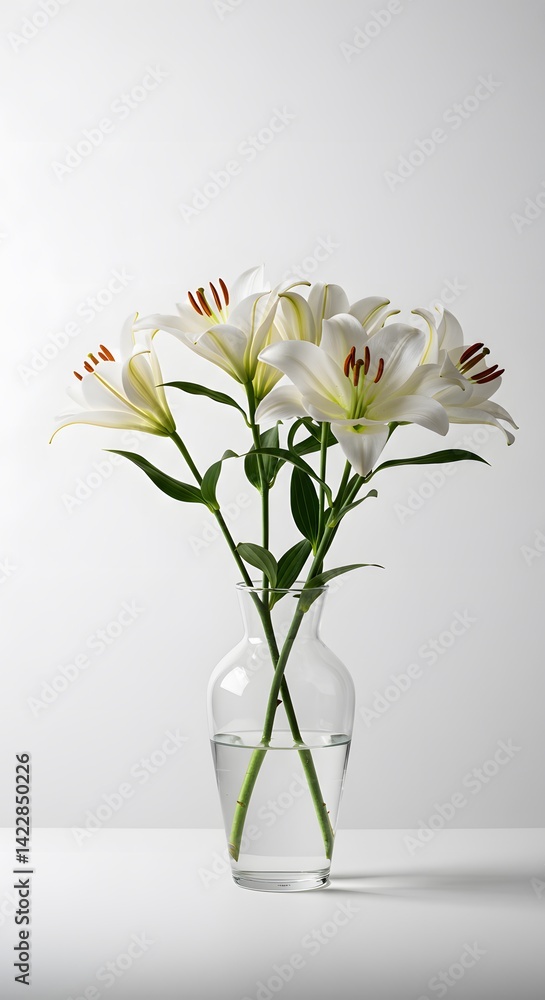 White lilies, elegant floral arrangement, casting a tranquil ambiance on a subtle cream background, Serene composition of beautiful white lilies with delicate shadows