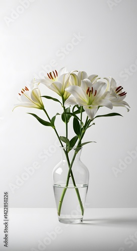 Obraz na płótnie White lilies, elegant floral arrangement, casting a tranquil ambiance on a subtle cream background, Serene composition of beautiful white lilies with delicate shadows
w salonie
