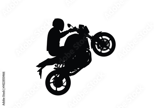 Motorcycle wheelie silhouette. This image shows a black silhouette of a rider performing a wheelie on a motorbike, showcasing action, motion, and adventure. Vector clipart illustration design.