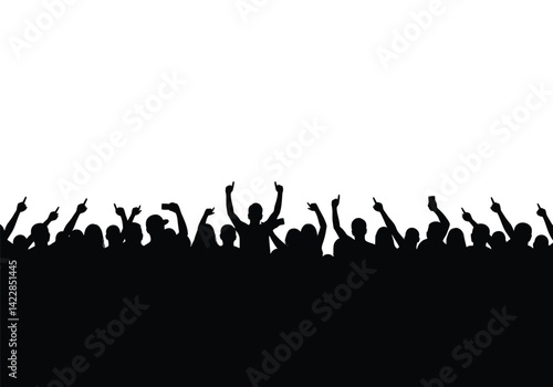 Concert crowd silhouette. This image shows a lively crowd of people with raised hands, cheering and celebrating at a musical concert or public event. Vector clipart illustration design.
