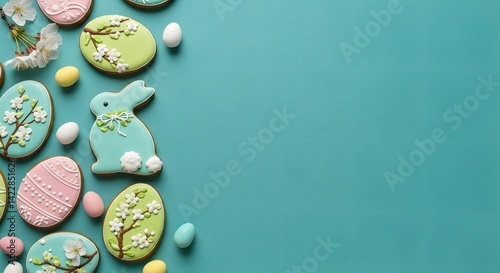 Festive easter cookies with a bunny and pastel eggs on a light blue surface, decorated sugar cookies, Easter cookies, pastel colors, Easter eggs