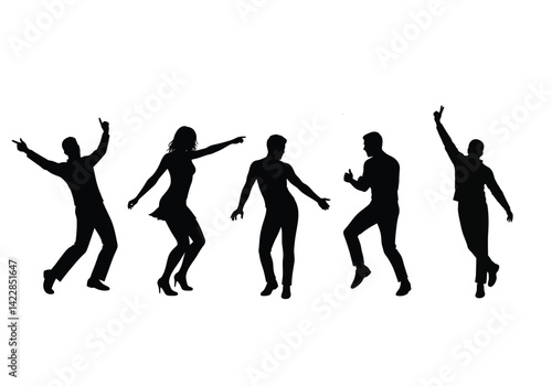 Dancing people silhouette. This image shows five people dancing in various poses, depicted as black silhouettes against a white background. Vector clipart illustration design.