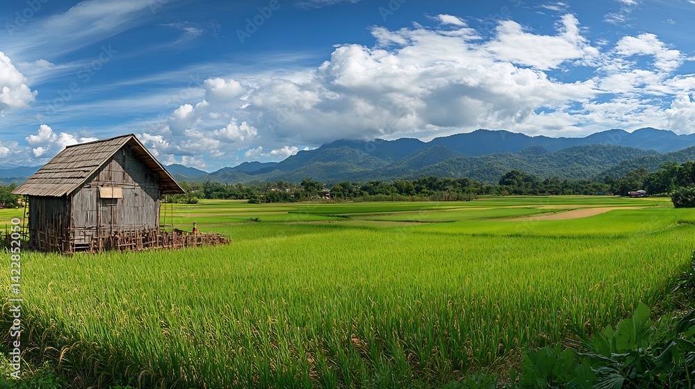 Serene Rustic Hut in Lush Green Rice Paddy, Mountain Panorama Serene Rustic Hut in Lush Green Rice Paddy, Mountain Panorama