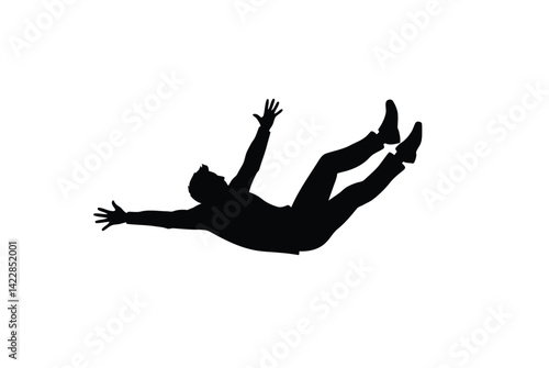 Falling man silhouette. This image shows a black silhouette of a man falling with arms and legs extended, symbolizing motion and dramatic freefall. Vector clipart illustration design.
