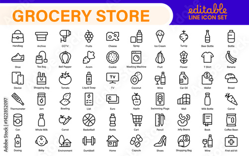 Supermarket Store Icon Collection. Modern Grocery Symbols for UI and Branding