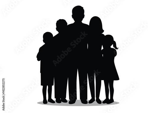 Happy family silhouette. This image depicts a family of two adults and three children standing closely in a black silhouette, symbolizing unity and bonding. Vector clipart illustration design.