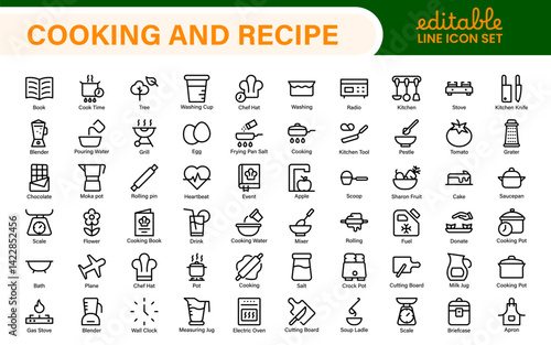 Premium Cooking and Recipe Icons – Line, Outline, Minimal, Vector – Kitchen, Chef, Food, Baking, Restaurant UI Icons