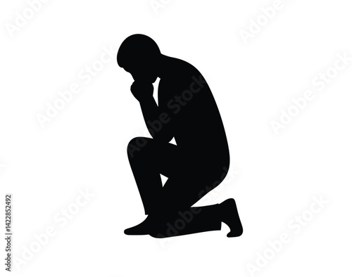 Kneeling man silhouette. This image depicts a man kneeling in silhouette, shown in a serene pose symbolizing prayer, reflection, or contemplation. Vector clipart illustration design.