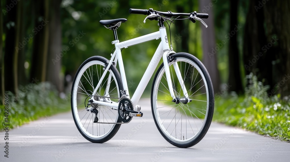 Fototapeta premium White bicycle on paved path amidst greenery