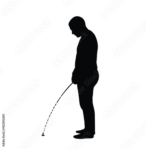 Man peeing silhouette. A black vector of a male figure urinating, showing a side profile and urine stream arc. Vector clipart illustration design.