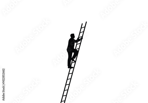 Man on ladder silhouette. This image shows a person climbing a ladder, depicted as a black silhouette symbolizing upward motion and effort. Vector clipart illustration design.
