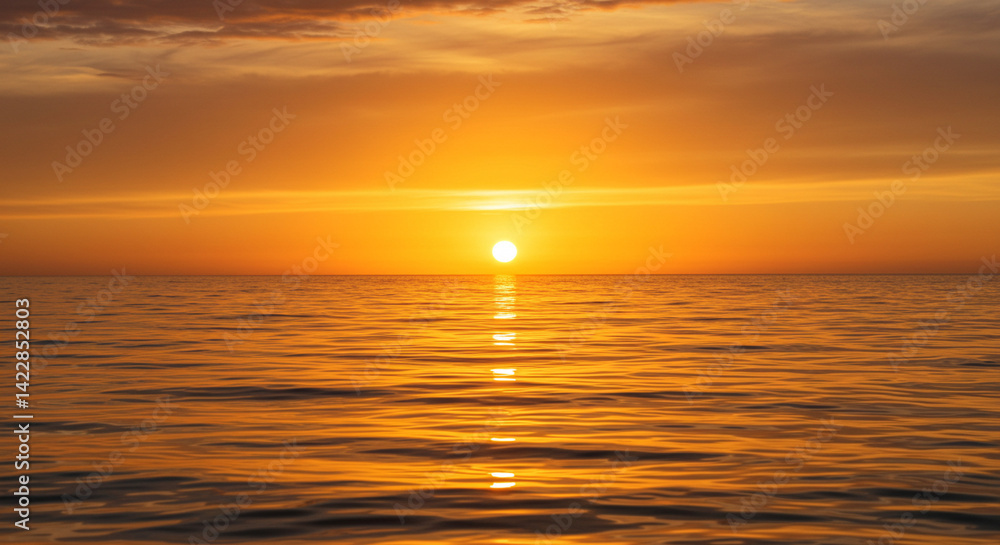 Fototapeta premium Golden Hour Sunset over Calm Ocean Water Serene Seascape at Dusk