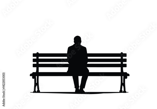 Man sitting on bench silhouette. This image depicts a black silhouette of a man seated on a bench, symbolizing solitude, calmness, and relaxation. Vector clipart illustration design.