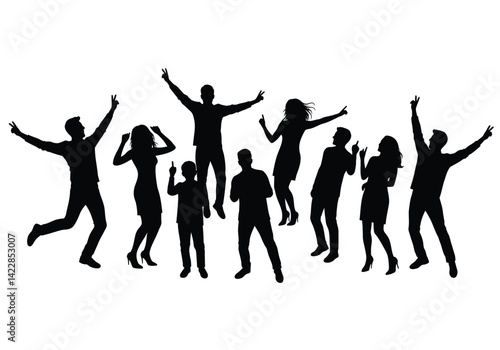 Party people silhouette. This image shows a group of people in various dancing poses, depicted as black silhouettes symbolizing celebration and social unity. Vector clipart illustration design.