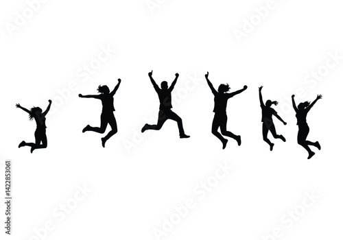 People jumping silhouette. This image shows a group of six people jumping with arms raised in various energetic poses, symbolizing motion, fun, and celebration. Vector clipart illustration design.