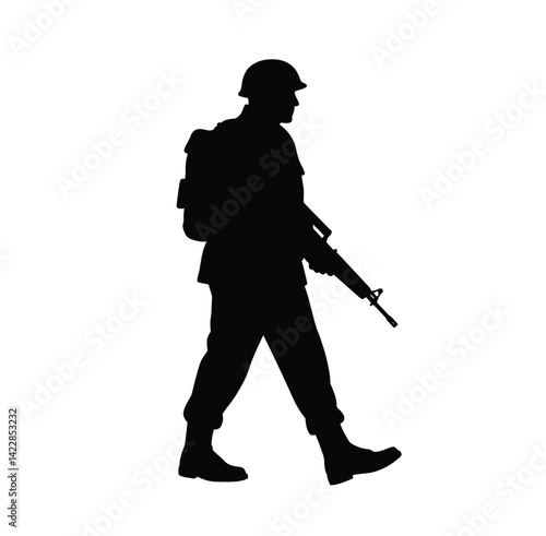 Soldier walking silhouette. This image shows a black silhouette of a soldier in uniform walking with a rifle and backpack, symbolizing military action and defense. Vector clipart illustration design.
