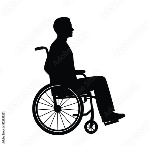 Wheelchair person silhouette. This image shows a black silhouette of a person sitting in a wheelchair, symbolizing mobility, accessibility, and healthcare. Vector clipart illustration design.