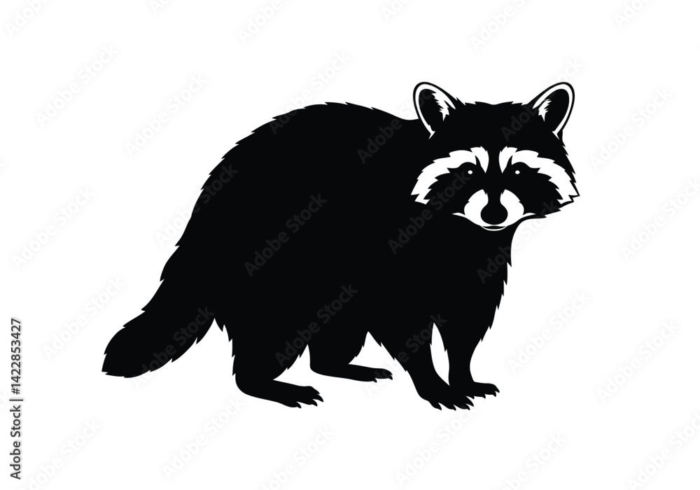 Obraz premium Raccoon silhouette. This image depicts a raccoon in silhouette with detailed features including its fur, striped tail, and iconic mask, nocturnal wildlife. Vector clipart illustration design.