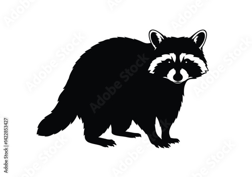 Raccoon silhouette. This image depicts a raccoon in silhouette with detailed features including its fur, striped tail, and iconic mask, nocturnal wildlife. Vector clipart illustration design.