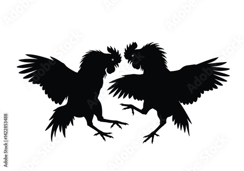 Fighting rooster silhouette. This image depicts an aggressive rooster in a bold fighting pose with spread wings and claws, showcasing strength and dynamic action. Vector clipart illustration design.