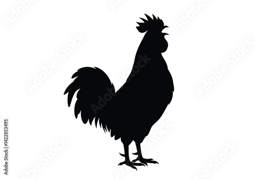Crowing rooster silhouette. This image depicts a crowing rooster in silhouette, showcasing detailed features such as comb, tail, and beak, symbolizing farm life. Vector clipart illustration design.