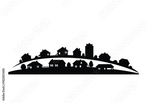 Neighborhood silhouette. This image portrays a collection of houses and trees in silhouette, showcasing a peaceful residential area with a scenic slope. Vector clipart illustration design.