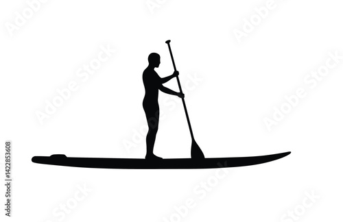 Paddle board silhouette. This image depicts a person standing on a paddleboard holding a paddle, illustrating the sport of paddleboarding and outdoor recreation. Vector clipart illustration design.