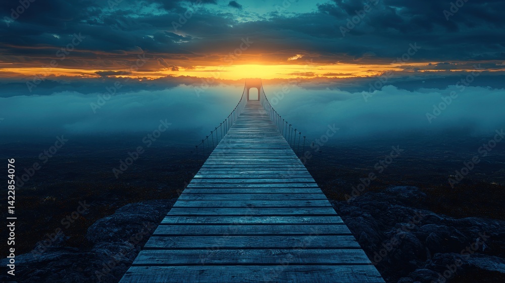 Naklejka premium Wooden Bridge to Sunset over Misty Landscape