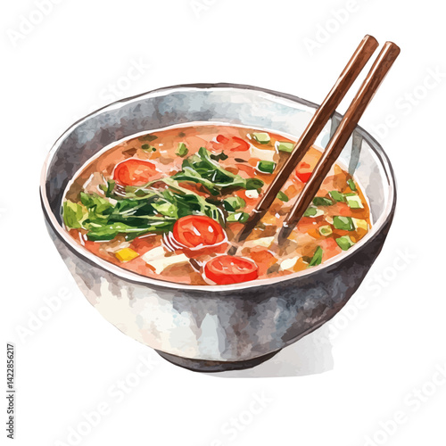 watercolor of Bowl Of Pho With Chopsticks Resting, vector, isolated on a white background.