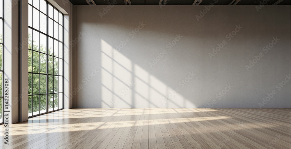 Obraz premium Empty modern interior with tall grid-style windows, minimalistic design, warm sunlight casting shadows on wooden floor and blank wall, concept of architecture. Ai generative