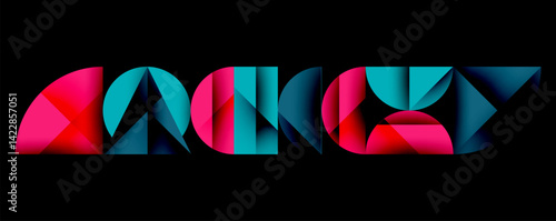 Abstract typography spells LUCKY using vibrant geometric shapes. Pink, teal, blue hues dominate design against black background. Modern, stylish lettering.