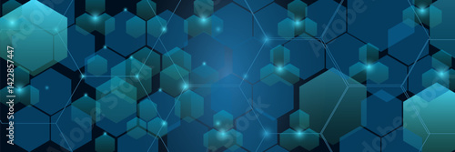 Dark gray and blue horizontal hexagonal technology abstract vector background. Red bright energy flashes under the hexagon in a wide banner of futuristic modern technology. vector